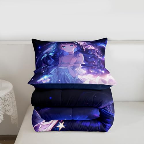 Image of Erosebridal Anime Girls Bedding Anime Gifts Comforter Set for Kids Purple 3D Galaxy Printing Bedding Sets, Cartoon Long Curly Hair Girly Printed Comforter Kids Kawaii Japanese Girl Bed Set, Queen
