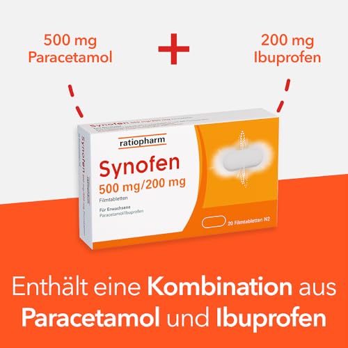 Synofen von ratiopharm: schnell, stark und gut verträglich gegen Schmerzen – mit der Wirkstoffkombination aus Paracetamol und Ibuprofen, 20 Filmtabletten (20)