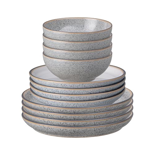 Denby - Studio Grey & White Dinner Set For 4-12 Piece Ceramic Stoneware Tableware Set - Dishwasher Microwave Oven Safe - Scratch Chip Resistant