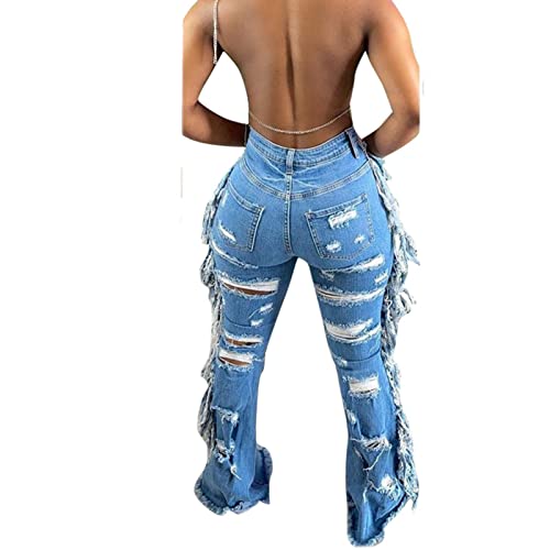DGHM-JLMY Women's Ripped Fringed Denim Trousers Casual Side Tassel Long Denim Pants Skinny Frayed Destroyed Jeans Stretch4