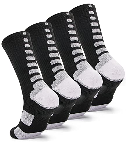 Mens Basketball Socks Athletic Crew Soccer Socks Youth Boy 4 Pack Balck 10-12