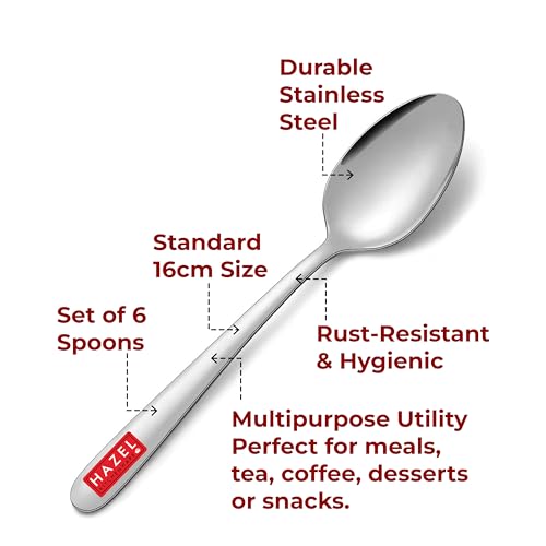 Image of HAZEL Stainless Steel Spoon Set of 6 | 16cm Durable Steel Spoons for Kitchen & Dining | Rust-Resistant Cutlery