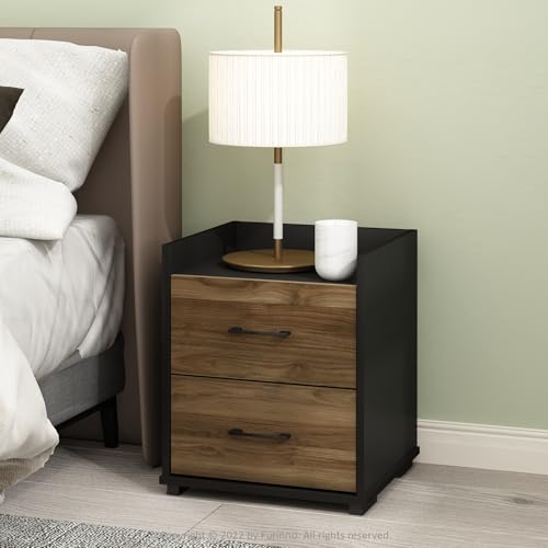 Image of Furinno Tidur Night Stand with Drawers, 2 Drawers, Brown Walnut /Black | Compact, Open Shelf Nightstand, Bedside Table, End Table, Side Table for Small Spaces, Living Room, Bedroom