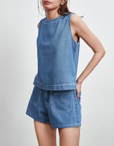 Image of Kedera Summer Denim Set for Women 2 piece Casual Sleeveless Boxy Shirt Tops and Shorts Pants Lounge Sets Outfits