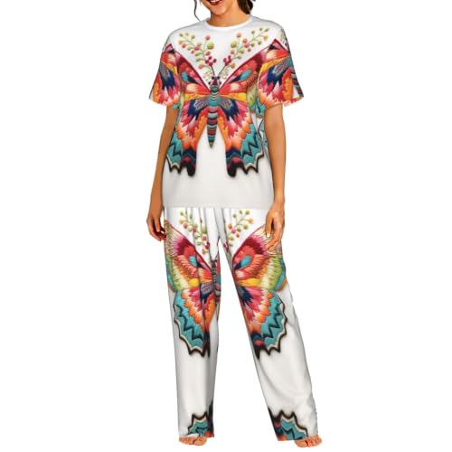 Pyjama 2 pièces femme ensemble haut manches courtes pantalon papillon S-3XL