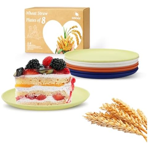 SINOGE Small Appetizer Plates Sets for 8, 6 Inch Lightweight Wheat Straw Plates Snack Plates, Microwave and Dishwasher Safe Plates, Reusable Plastic Plates for Kitchen, Party- Sunset Feast Cover