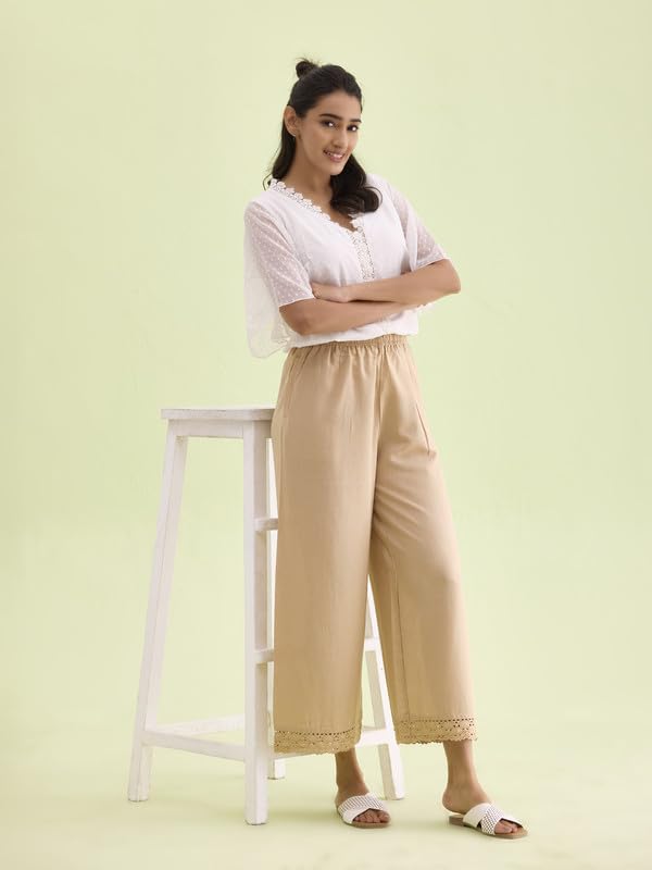 Image of GO COLORS Soft Linen Wide Pant Full Length for Women| Breathable, Mid Rise