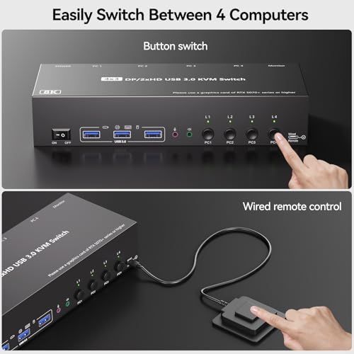 KVM Switch 3 Monitors 4 Computers with Audio, HDMI + DisplayPort 8K@30Hz/4k@144Hz DP KVM Switcher, USB 3.0 KVM Switches for 4 PC Share 3 Display, Suitable for Office/Work from Home, Programmer Setup by QORESWT - Image 5