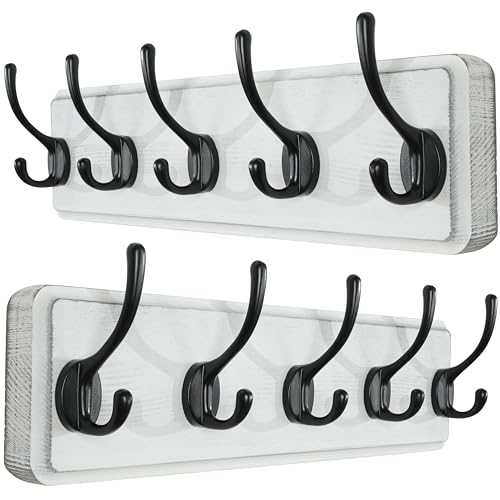 Image of SKOLOO Rustic Wall Mounted Coat Rack, 16 inches Hole to Hole, Case of 2, Pine Solid Wood Coat Hook Hanger - 5 Hooks for Hanging Clothes Robes Towels Coats