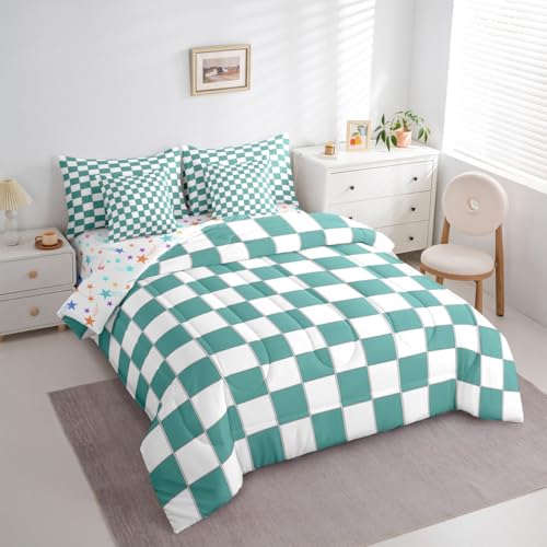 Image of Erosebridal Girls Teal Bedding Set King Turquoise Checkered Comforter Set with Sheets 7 Piece for Kids Teen Women,Geometric Grids Plaid Bed in A Bag Bedroom Decor,Gingham Bed Sets