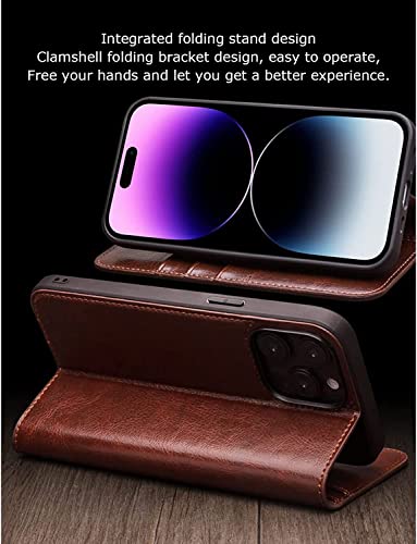 Étui portefeuille iPhone 14 Pro béquille support rabat magnétique marron - 6