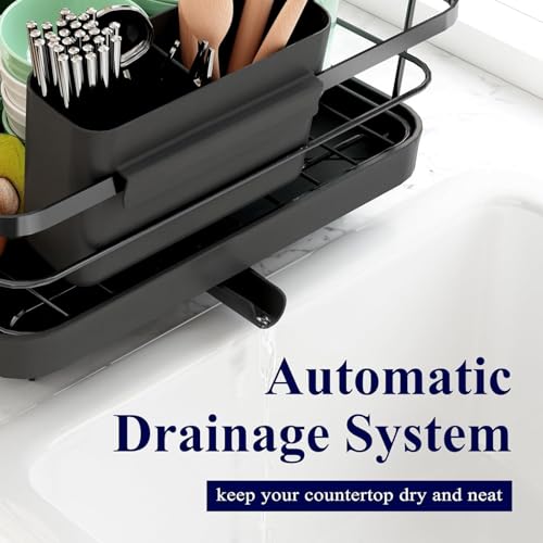 Image of HAKKU Black Dish Drainer Rack with Drip Tray, Stainless Steel Draining Dish Rack Drainer with Draining Board and Utensils Holder (Modern Black Rack)