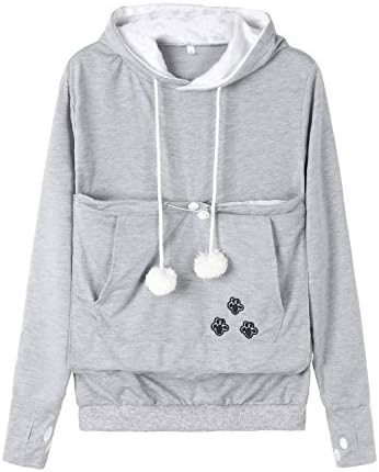 Anbech Women Big Kangaroo Pouch Hoodie Long Sleeve Pet Cat Dog Holder Carrier Sweatshirt S-4XL (Light Gray, 2XL)
