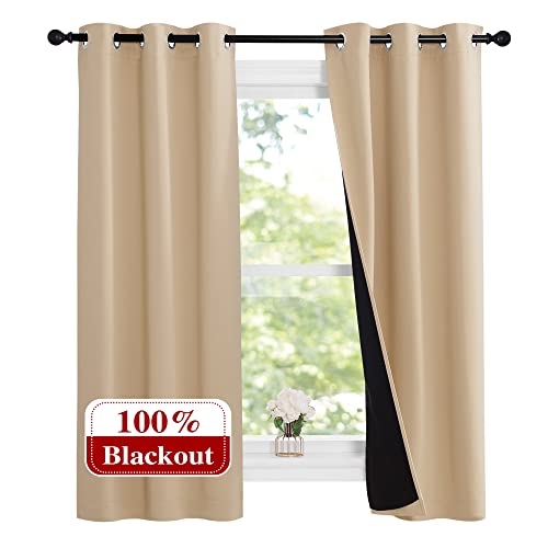 Image of NICETOWN Bedroom Full Blackout Curtain Panels, Set of 2 Pcs, 37 by 60-inch, Biscotti Beige, Super Thick Insulated Grommet Drapes, Double-Layer Blackout Draperies with Black Liner for Small Window