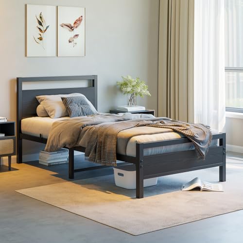Image of BOFENG Black Twin Bed Frame with Wood Headboard,Metal Single Platform Bed Frame Twin Size No Box Spring Needed,Heavy Duty Metal Slats Support,Noise Free,Single Bed Base,Easy Assembly