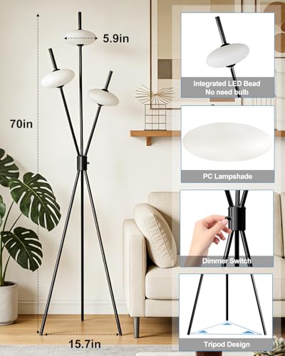 Image of Lightdot Tripod Floor Lamp Stepless Dimmable Black Standing Tall Lamps with 3PCS Elliptical Lampshades Mid Century Modern Floor Lamps for Living Room /Bedroom /Sofa Beside /Corner Decor
