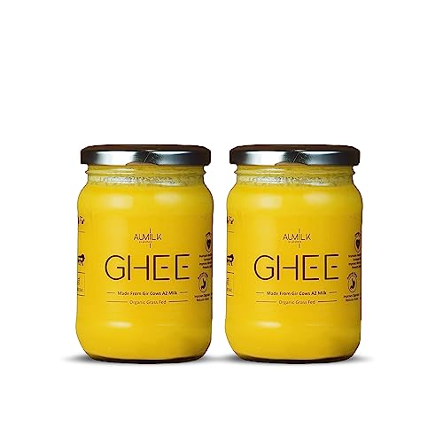 Image of AUMILK Gir Cow A2 Organic Ghee 250ml (Pack of 2) - Bilona Method, A2 Gir Cow Desi Ghee | Curd Churned Gir Gai Ghee | Natural & Premium Makhan Based | Glass Jar