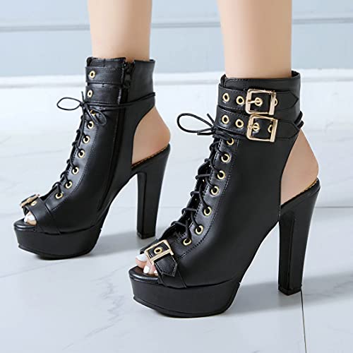 BEAUPAS Women's Lace Up High Heel Platform Ankle Boots Chunky Heel Peep Toe Booties Slingback Buckle Gladiator Sandals3