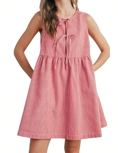 Image of Womens Mini Red Stripe Bowknot Dress Round Neck Sleeveless A Line Casual Dresses