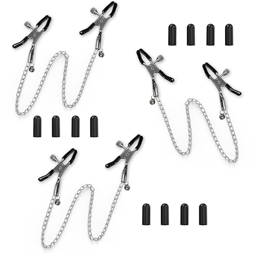 Image of BDSM Nipple Toys 3PCS Adjustable Metal Nipple Clamps with 12 Replacement Rubber Sleeves, Nipple Clips for Women Men Couples, Bondage Breast Stimulation Sex Toys for Adult Fetish Play