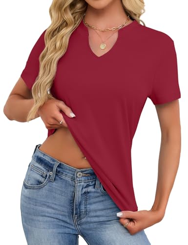 Women's V Neck Cotton T-Shirts Breathable Short Sleeve Tops Lightweight Stretch Summer Tees (Wine Red,Small) — view 4