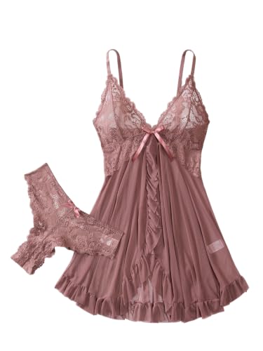 Image of Foxiny Sexy Ruffle Sheer Mesh Lace Wireless Babydoll Lingerie Dress with Thong 2 Piece