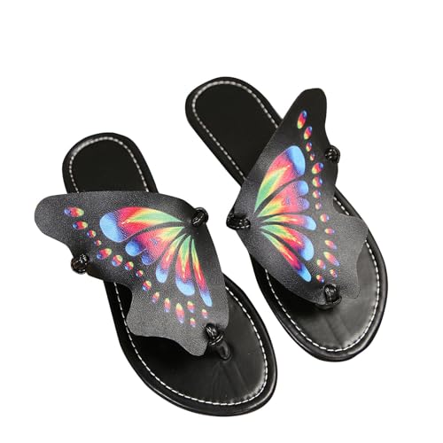 Claquette Tongs Papillon Femmes d'été Plates Tong Pantoufles évidé T-Sangle Pantoufles Sandale Plage Nu Pieds Femme Confortable Chaussons Semelle Souple Claquette Antidérapante Voyages Piscine