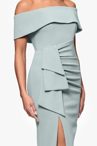 Image of Xscape Women's Off Shoulder Straight Neck Evening Gown with Foldover Cuff, Side Ruffle, Leg Slit, Fitted Formal Dress, Sage, 4