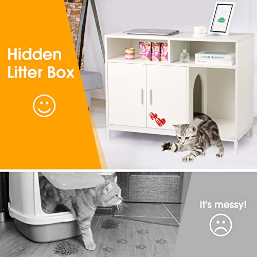 Amunrbrek Litter Box Enclosure,Cat Litter Box Furniture Hidden,Large Cat Washroom With Doors,Modern Hidden Litter Box Cabinet White #TOP5