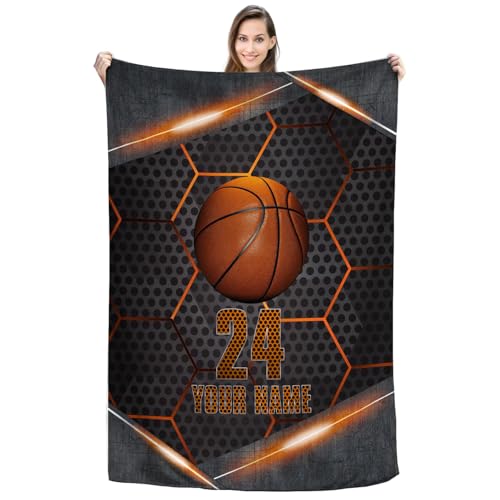 Personalized Basketball Blanket, Custom Name & Number Throw Blankets for Boys, Players, Coaches & Fans, Soft Flannel Sports for Birthday, Game Day or Room Décor