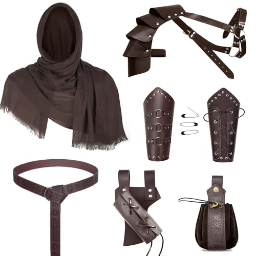 Medieval Knight Leather Men Renaissance Half Shoulder Cape Scarf Buckle Bracers Retro Sword Frog (Brown)