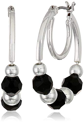 Nine West Women's Jet Bead Double Hoop Earrings Silver Tone