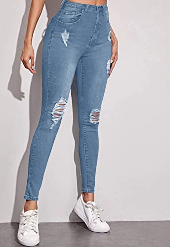 Women's Ripped Mid Waisted Stretch Jeans Distressed Skinny Denim Pants3