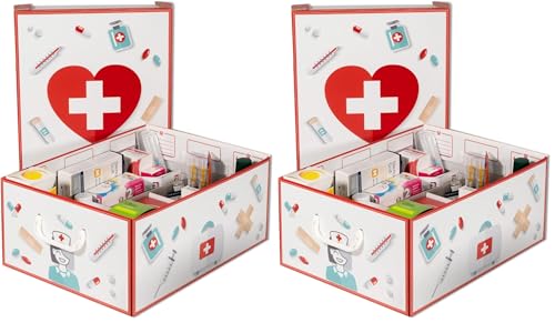 Lavatelli PHARMA ORGANIZER, Medikamentenbox mit Teilern, Hausapotheke box karton für Medikamente, 32x42x17,5 cm, Apothekenbox + Erste-Hilfe-Kasten + 4 Pharma-Karten, Weiß (Packung mit 2)