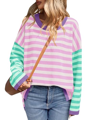 Saodimallsu Womens Striped Oversized Sweaters Color Block Crew Neck Long Sleeve Loose Knit Pullover Sweater