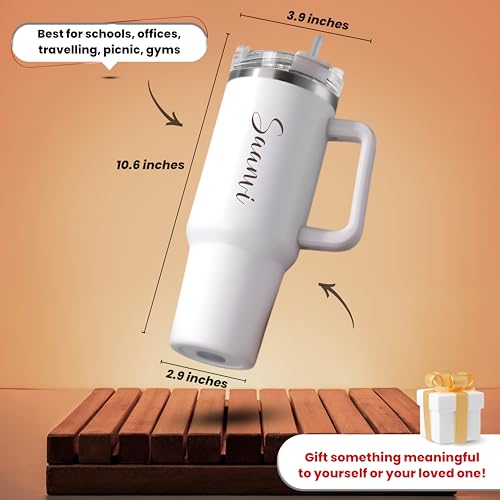 Image of SAVRI Customized Tumbler with Name, 1200 ML Stainless Steel Travel Mug with Straw, Lid & Handle, Personalised Sipper Water Bottle for Women, Men & Girls, Anniversary Birthday Gift for Office & Gym Use