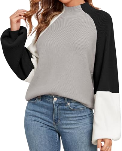 Image of Upopby Women's Fall Winter Color Block Sweaters for Women Trendy Turtleneck Lantern Sleeve Knitted Sweater Jumper Tops