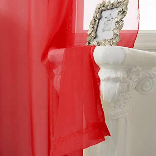 Huto Christmas Red Sheer Curtains Window Drapes 2 Panels Rod Pocket Voile Sheer Panels Curtains 63 Inches Long For Bedroom Living Room Nursery Study Room #TOP5