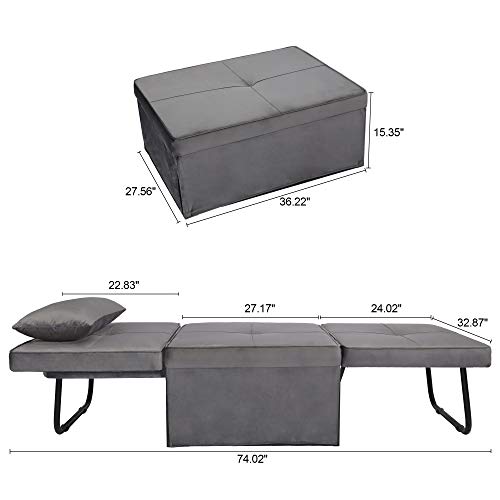 windaze Folding Ottoman Sofa Bed, 4 in 1 Multi-Function Chaise Lounge Morden Velvet with 5 Position Adjustable Backrest Convertible Guest Fold Out Bed, Dark Grey