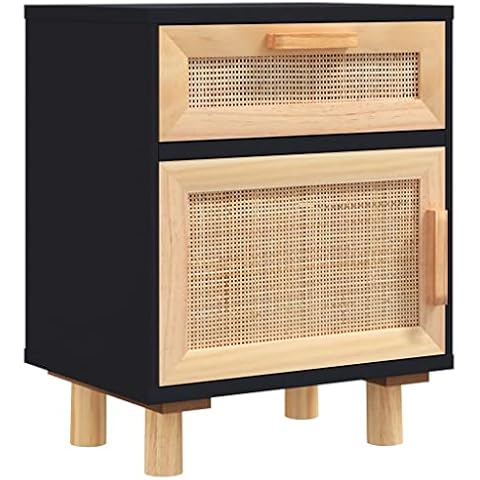 vidaXL Nachttisch 1 Schublade 1 Fach Nachtschrank Nachtkonsole Nachtkommode Schlafzimmer Schrank Kommode Schwarz Massivholz Kiefer Natur-Rattan Cover