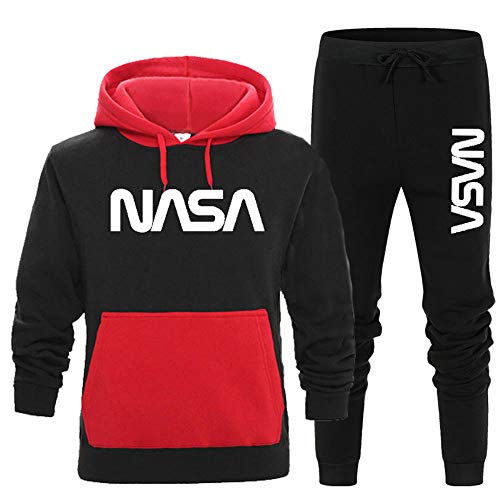 Herren NASA Druck Jogginganzug Trainingsanzug Jungen Sportanzug Hoodie Tracksuit Sweatshirt + Sporthose (Schwarz,XL)