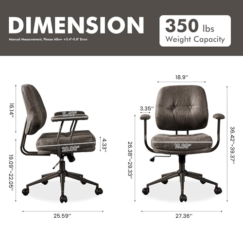 Image of Leather Home Office Chair, Mid Back Ergonomic Desk Chair with Lumbar Support, Mid Century Modern Deep Seat Swivel Rocking Computer Chair, Dark Gray
