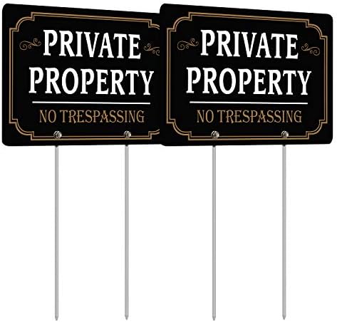 HISVISION 2 Pack No Trespassing Private Property Yard Sign with Metal Stakes, 12" x 8" Heavy Duty Aluminum Reflective UVresistance, Waterproof, Non-Fading, Easy to Install for Home House and Business