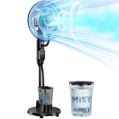 Etunsia Misting Fan 16 Standing Fan with Humidifier Oscillating Fan with 3 Winds 9 Speeds Ultrasonic Humidifier for Bedroom/Living Room/Office 0.5-7H Timer for Daily Indoor Cool