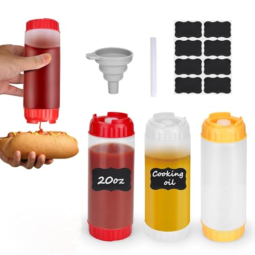 GouZaak 3pcs 20 oz Inverted Condiment Squeeze Bottles, Leak-proof Refillable Sauce Container for All Types Liquid, Plastic Squeeze Dispenser for Ketchup Mustard Mayo Honey Syrup Oil