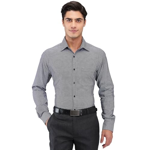 Image of Raymond Men's Slim Fit Formal Shirt | Pure Cotton Structured Weave Semi Cutaway Collar Business Wear Black