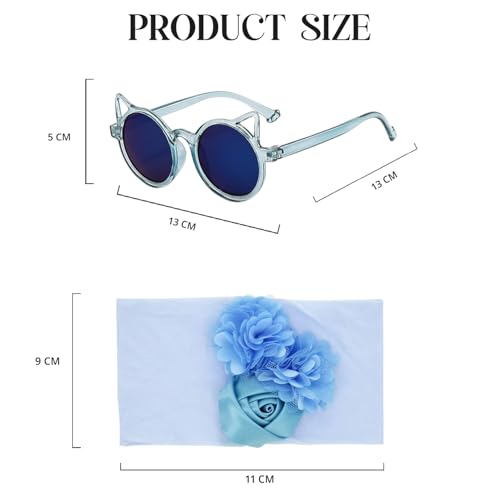 Image of SYGA Baby Rose Flower Stretchable Headband With Uv Protection Cat Type Sunglasses Stylish Combo For Toddlers And Kids (Blue)