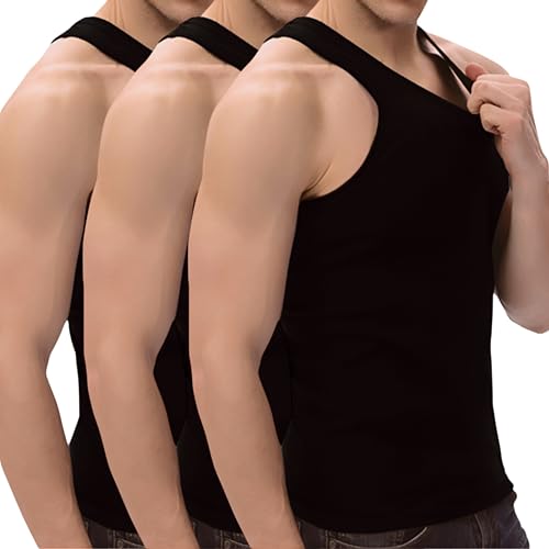 Trendy Lane Men's Sleeveless Round Neck Rolled Up Casual Top, Summer Fitness Top, 100% Cotton 3Pcs (Black, Small)