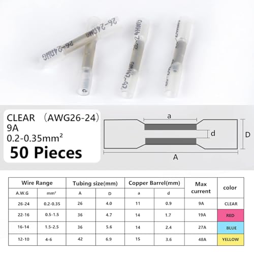 Lot de 50 connecteurs thermorétractables - 26-24 AWG - Transparents - Isolés et étanches - Connecteurs de fils électriques automobiles – vue 2