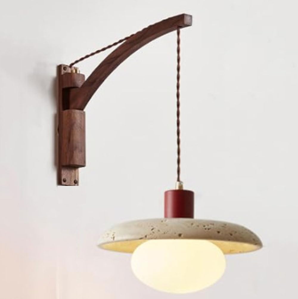 Japanese Travertine Wall Light Modern Milk Glass Wall Sconce Natural Stone Swing Arm Wall Mount Lamp Rotatable Wabi Sabi Farmhouse Hanging Reading Light Fixture for Study Room Night Lamp